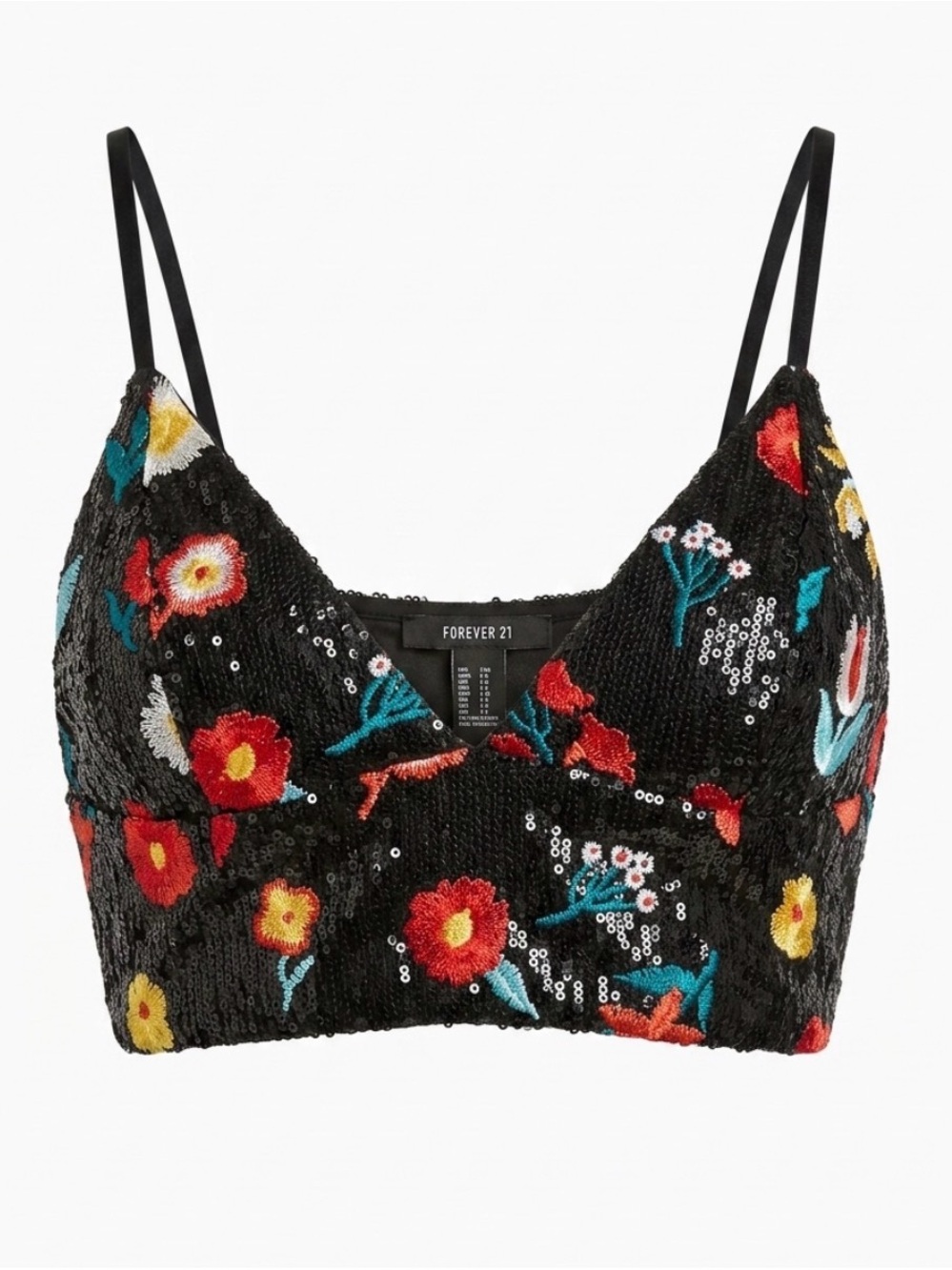 Forever 21 Black Sequin Floral Embroidered Crop Top